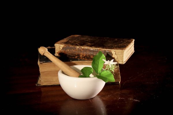 Antique books with pestle and green leaf
