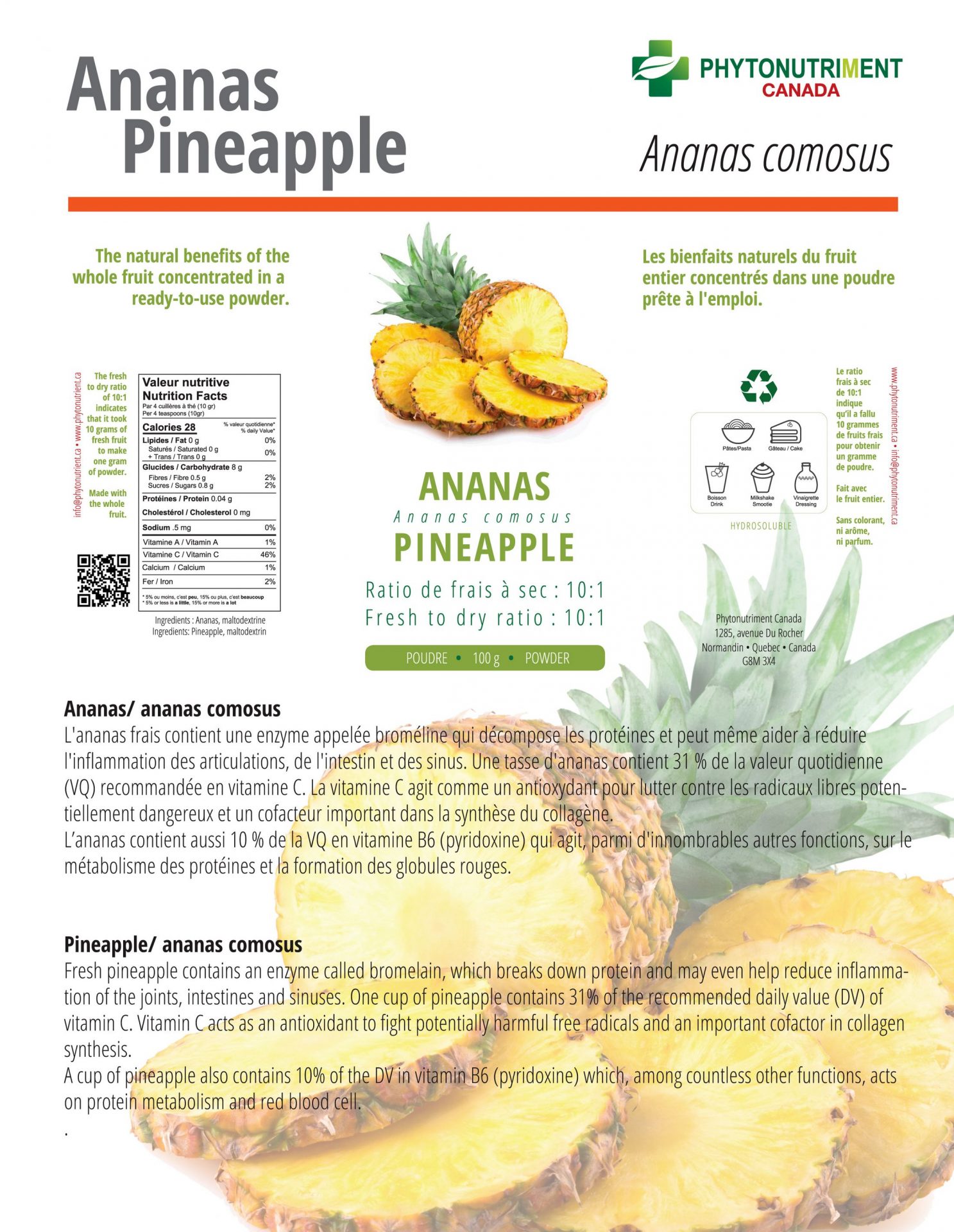 Ananas  en poudre - Phytonutriment Canada