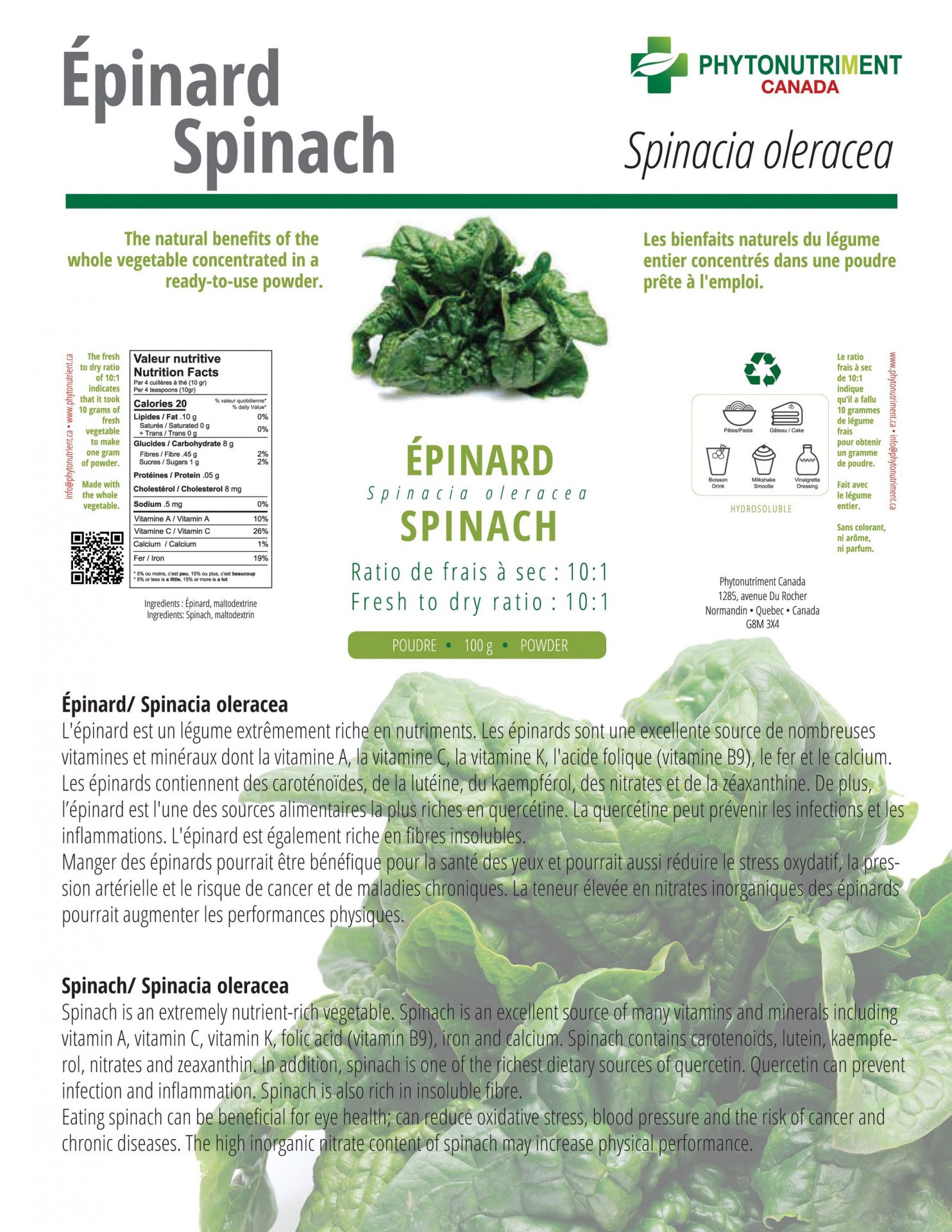 Phytonutrient Canada's Spinach Powder