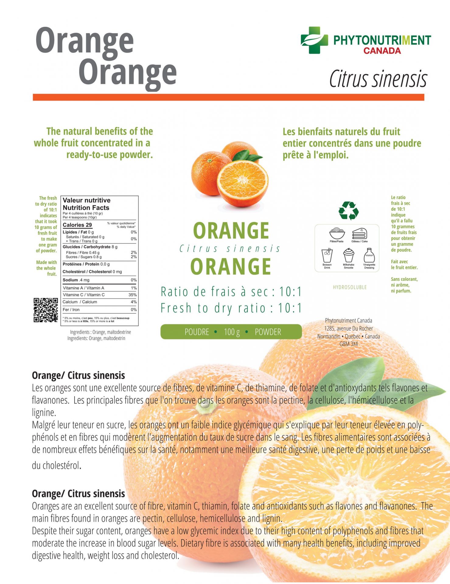 Orange en poudre de Phytonutriment Canada